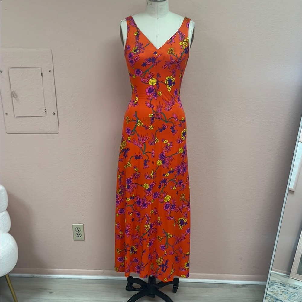 Vintage 70s Floral Maxi Dress in Orange and Purple - Picture 2 of 7